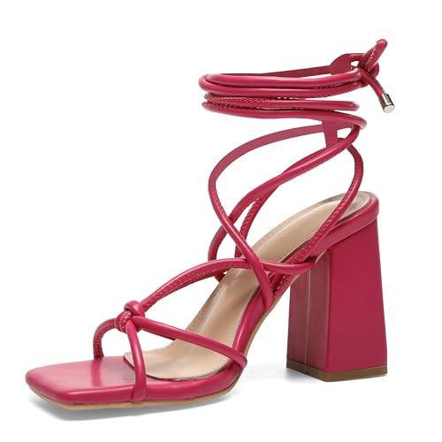 Image of Womens Strappy Heels Lace Up Chunky Heel Sandals, Cute Block Heel Wrap Sandals for Women Dressy Sexy with Square Toe