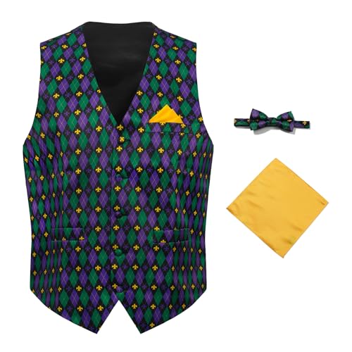 Regenboog Mens Mardi Gras Vest and Bow Tie Mardi Gras Costume Outfit for Men Mens Carnival Suit Vest + Bow Tie + Pocket Square Set Men Christmas Vests Ties Set Carnival Style 1 M