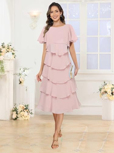 Chiffon Mother of The Bride Dresses Ruffle Short Sleeves Layered Evening Gown Crew Neck Formal Dress for Wedding2