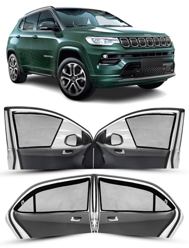 Image of Autofact Magnetic Car Sunshades Compatible with Jeep Compass (Set of 4) - Easy Installation, UV Protection, Keeps Car Cool (Front 2 Half-Cut for Side Mirror Visibility, Rear 2 with Zippers)