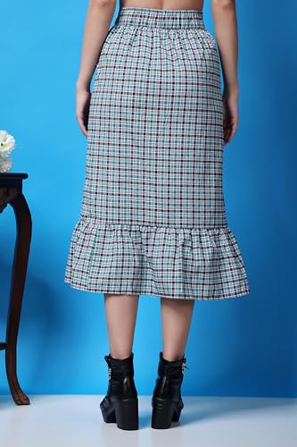 Image of POPWINGS Casual Check Print Long Flare Skirt for Women | Cotton Skirt for Women Skirt for Women