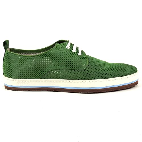 Goodman Italian Men's Perforated Suede Oxford Shoes, Green, Casual Summer Comfort, White Laces, Tricolor Sole, 41 EU2