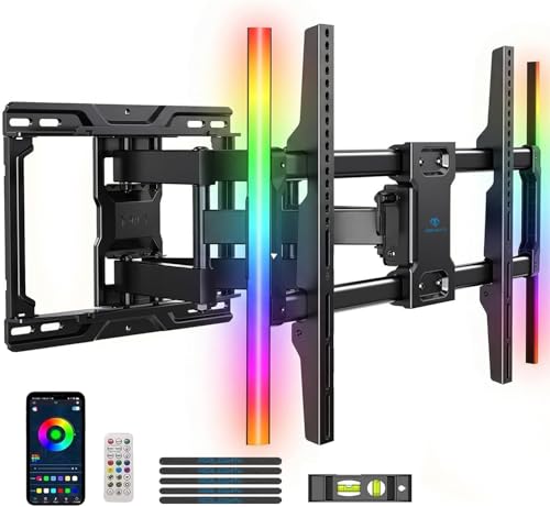 PERLESMITH Full Motion TV Wall Mount with LED Lights for 37-86 Inch TVs up to 132lbs Backlit TV Mount Bracket with Music Sync Extension Swivel Tilt level Max VESA 600x400mm Fits 16/12 Wood Studs