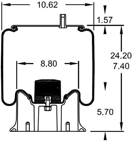 Gambar rajah menunjukkan dimensi beg spring udara. Satu gambar rajah menggambarkan ketinggian lanjutan (24.20 inci) dan ketinggian termampat (7.40 inci). Gambar rajah lain menunjukkan lebar plat atas (10.38 inci) dan lebar omboh (10.75 inci).