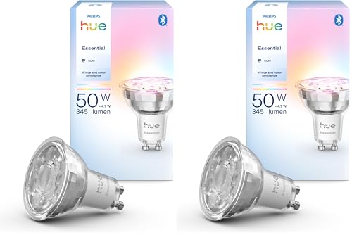 Philips Hue Essential Foco GU10 Smart LED, White and Color ambiance, 4,7 W, 2200 K-6500 K, 345 lúmenes, regulable, funciona con Alexa, Google Assistant y Apple Home, pack de 1 (Paquete de 2)