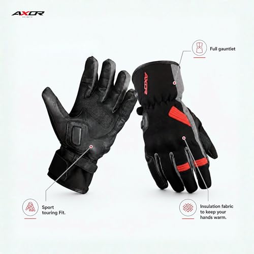 Image of Axor Sela Waterproof Riding Gloves:Insulated /Touchscreen-Friendly /Full Gauntlet with PVC Knuckle Protection & Sport Touring Fit for All-Weather Performance-Black Grey-M