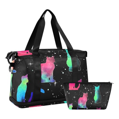 ALAZA Sports Duffel Bags with Toiletry Bag Set,Dreamy Cat Pattern Travel Duffel Bags Multi Pockets Weekend Bag2