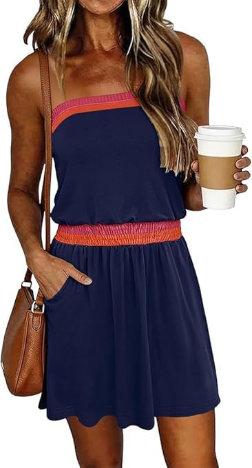 Image of SAUKOLE Summer Dresses for Women Bandeau Strapless Smocked Elastic Waist Sundress Tube Mini Dress with Pockets