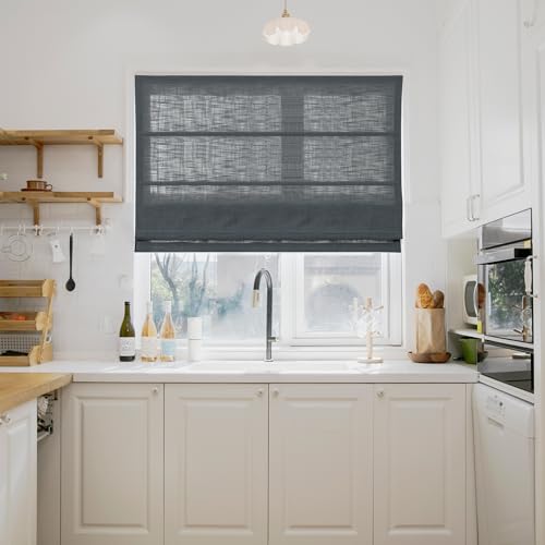 Image of TWOPAGES Liz No Drill Cordless Roman Shades Linen Textured Roman Blinds for Windows, Custom Made Room Darkening Blackout Roman Window Shades, Hardware Included, Dark Grey, 1 Piece