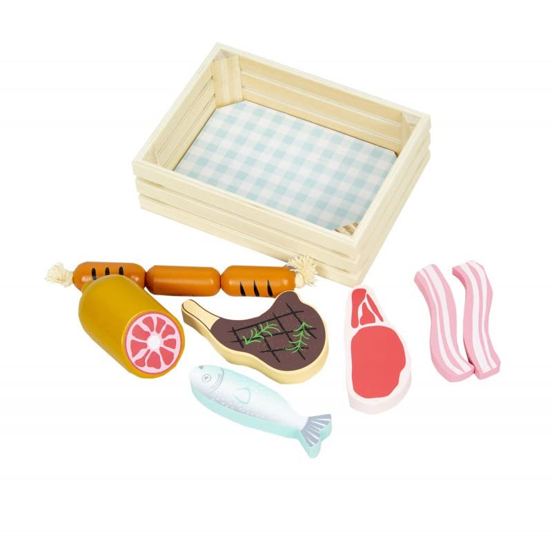 Kinderküche Zubehör Holz 12,5 x 17 x 5 cm - Kinderküche Spielküche Zubehör Kaufladen - Lebensmittel Spielzeug Mit Fleisch und Fisch - Kaufmannsladen Zubehör Holz – Bild 6