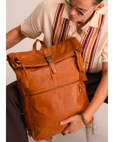 Volksy Bags Leather Backpack For Men & Women, Leather Backpack, Leather Laptop Backpack For Women & Men, Leather Bookbag, Brown Vintage Backpack Rucksack Roll Top Bag Pack For Work, Travel & Business #TOP4