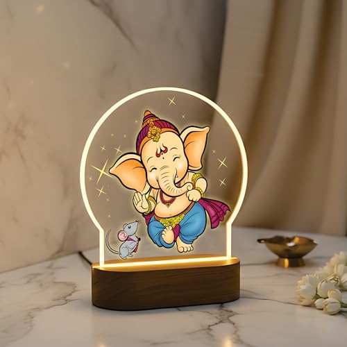 Image of Giftplease Lord Ganesha LED Night Light - Warm Glow Decorative Table Lamp - Divine Bal Ganesha & Mooshak Design for Pooja Room, Office Desk, and Home Decor GL 01