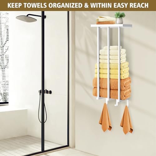 Kayfia Towel Racks for Bathroom Wall Mounted, Bathroom Tool Storage with Metal Shelf & 3 Hooks, Upgrade 3 Bars Towel Holder Wall Can Hold Up to 7 Large Bath Towels, Sturdy and Large Capacity, White