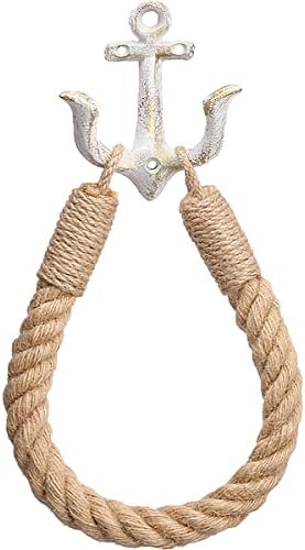 Nautical Rope Toilet Paper Holder Wall-Mounted Towel Ring Nautical Toilet Paper Holder with Metal Hooks Coastal Towel Rack Natural Antique Rope(White)