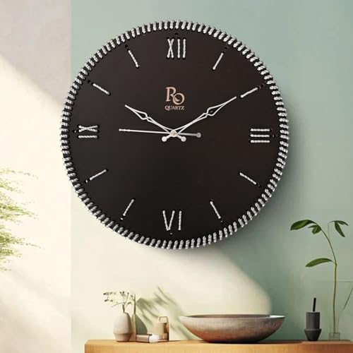 Image of Wooden Round Shape Roman Dial Analog Clock with Silver Hand and Silver Zari Rope Detailing | Stylish Silent Quartz Movement Anti Reflection Wall Clock for Home & Office (Black, 15.5 inch)