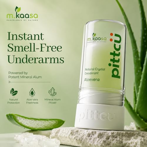 Image of Pittcu Underarms Roll-On Stick with Aloe Vera | Alum Infused Crystal Deodorant | Long Lasting Odour Protection | Fragrance Free | Non Sticky | Gentle on Sensitive Skin | Unisex 80 gm (Aloe Vera (PACK OF 1))