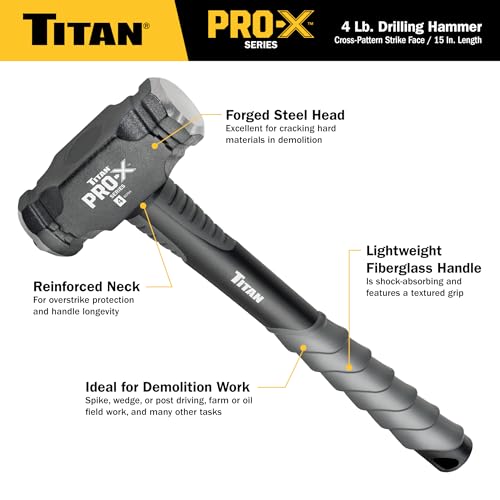 Image of Titan Pro-X 63704 4lb Drilling Hammer, Dual-Face Sledge with Cross-Pattern Face for Concentrated Power & Flat Face for Stake Driving, Overstrike Protection, 15 inch Fiberglass Handle with Textured Grip