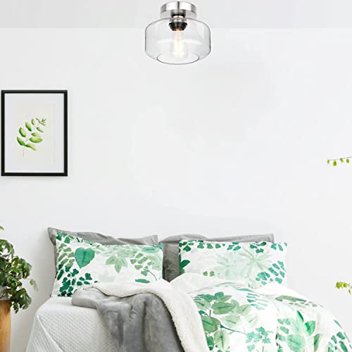 Industrial Semi Flush Mount Ceiling Light Brushed Nickel, 900 Lumen Led Bulb Included, Clear Glass Shade Ceiling Light Fixture, Farmhouse Light Fixture For Hallway Corridor Kitchen Bathroom Bedroom #TOP6