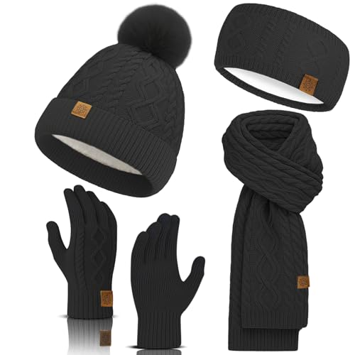 Winter Beanie Hat Scarf Gloves Headband Set – Knit Beanie, Warm Scarf, Touchscreen Gloves & Ear Warmer, Cozy Gift for Women & Men