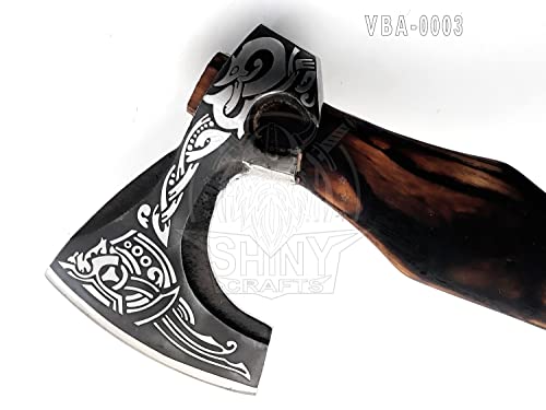 SHINY CRAFTS-Viking Axe Bearded Axe Tomahawk Birthday Gifts-Valhalla Axe, Carbon Steel Viking Axe Head, Engraved Handle, Wolf Camp Axe, Genuine Leather Sheath & Wrap (VBA 03)