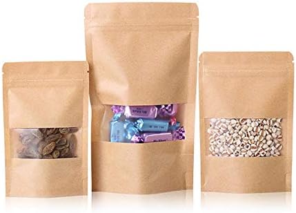 Nubstous 50Pcs Kraft Ziplock Seal Bags Brown Paper Stand Up Pouch with Notch and Transparent Window
