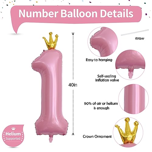 Image of Crown Pink Number 1 Balloon for Girls 1st Birthday Party, 40 Inch Large Number Foil Helium Pastel Pink Balloons 0-9, for Women 10th Birthday Party Baby Shower Anniversary Party Decoration Supplies