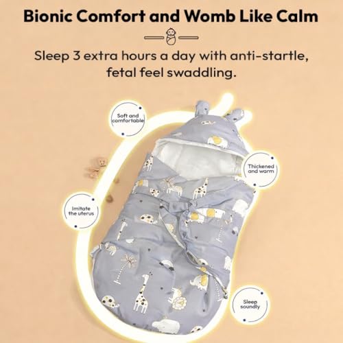 Image of VoiDrop Baby Swaddle Wrap for Newborn 0 to 9 Months, Baby Sleeping Bag with Hood, Muslin Swaddle for All Season, Animal Print -Grey
