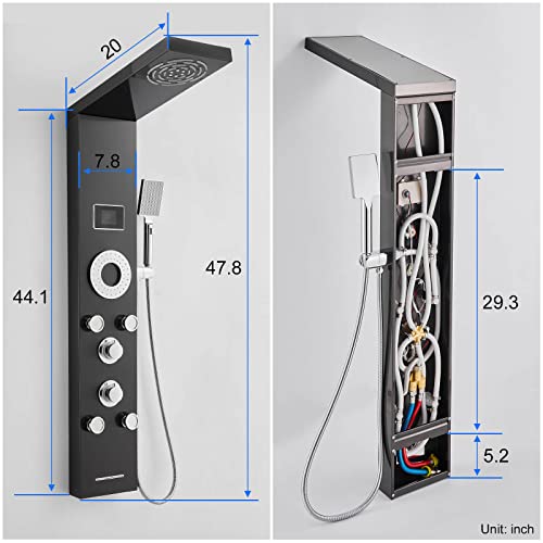 Rovogo No Battery Needed Shower Panel System With Led Lights Mist & Rain Shower, 5 Body Jets, Handheld, Tub Spout And Temperature Display, Water Powered Led Shower Tower Column Stainless Steel, Black #TOP6