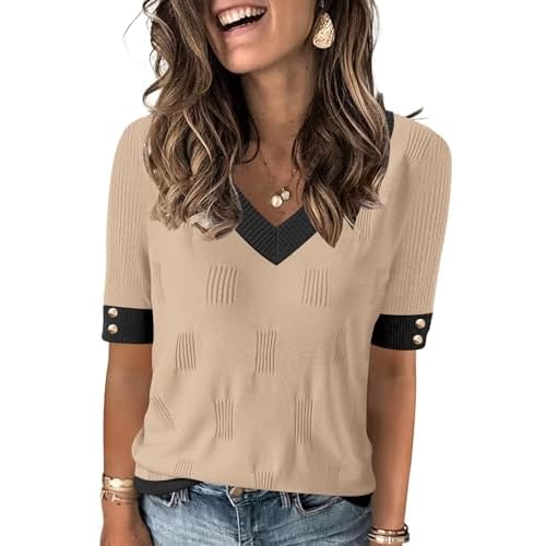 AKEWEI Womens V Neck Sweater Short Sleeve Lightweight Knit Spring Summer Tops with Decorative Buttons Apricot Black Color Block X-Large