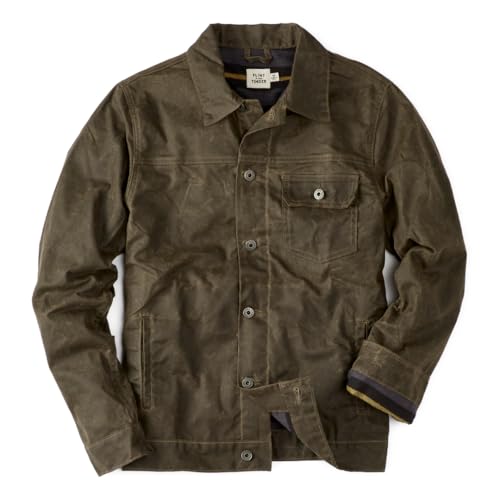 Huckberry Flint and Tinder Men's Flannel-Lined Waxed Trucker Jacket, Water & Weather Resistant Mens Jacket (US, Alpha, Large, Regular, Regular, Forest, Regular Fit)