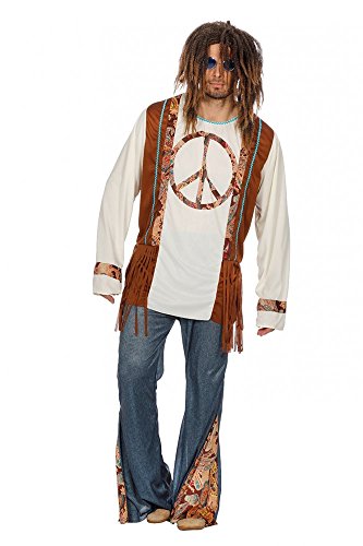 shoperama Hippie Peace Herren-Kostüm mit Jeans-Schlaghose 60er 70er Jahre Seventies Sixties Flower Power, Größe:56