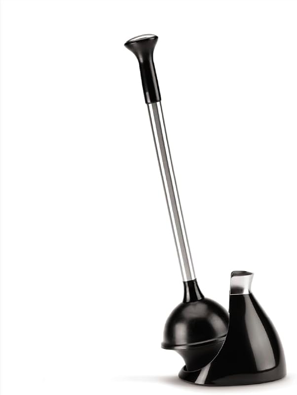 Toilet Plunger with Holder Set, Magnetic Drip-Free Cover, Narrow Flange for Modern Low-Flow Toilets, Hidden Dome Storage, Stainless Steel, Black