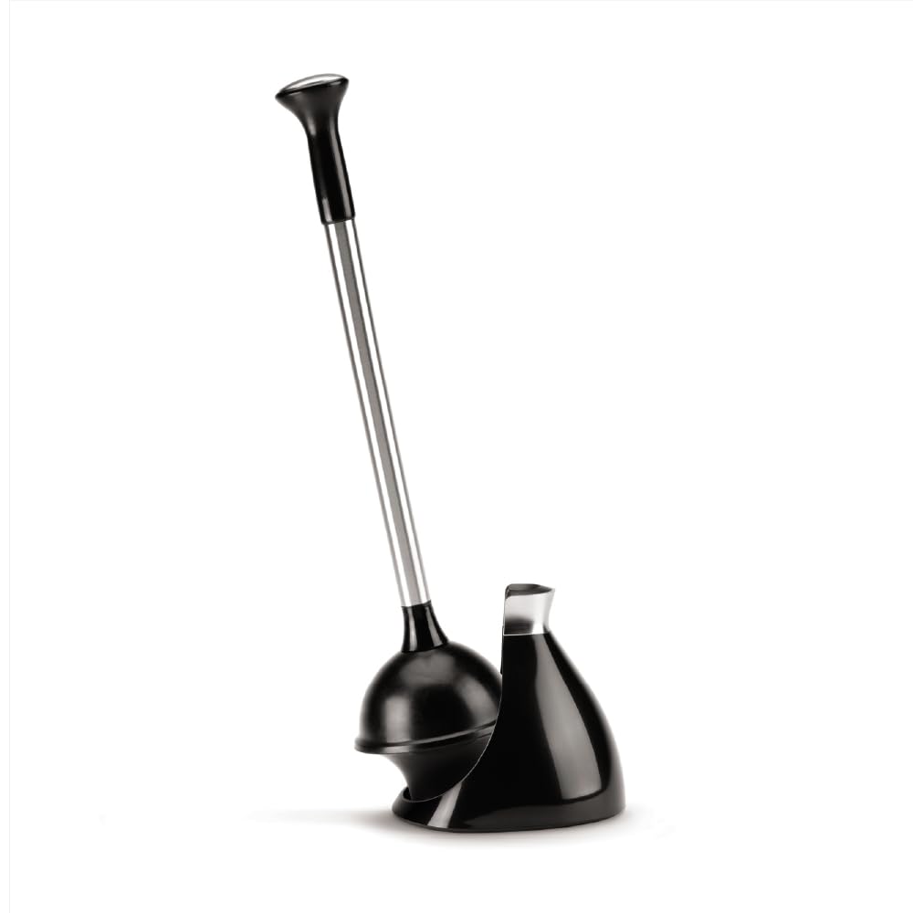 Toilet Plunger with Holder, Stainless Steel, Black