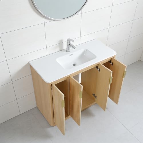 Image of 48 Inch Freestanding Bathroom Vanity with Ceramic Sink, Striped Vanity Cabinet with Four-Door Storage & Gold Pull Handles, Natural Wood