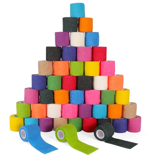 48 Pack Self Adhesive Bandage Wrap 2 x 5 Yards Cohesive Medical Tape Elastic Grip Tape Black Sports Tape Athletic for Ankle Wrist Sprains Pet First Aid (Multi-Color)