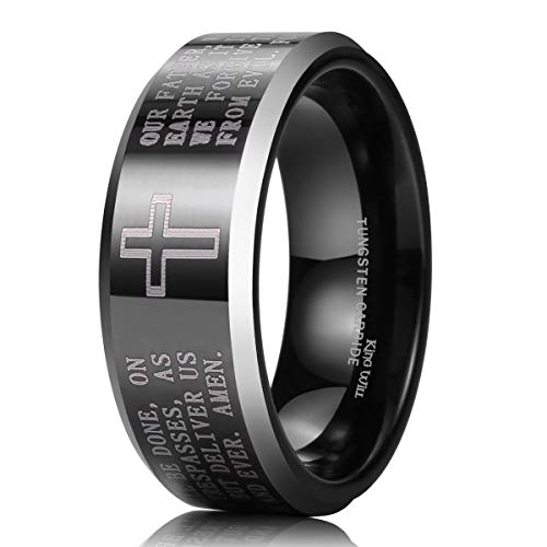 King Will 8mm Black Tungsten Rings for Men Lord's Prayer Mens Christian Cross Bible Ring Male Religious Faith Wedding Band Polished Finish Beveled Edge Comfit Fit Durable, Size 13