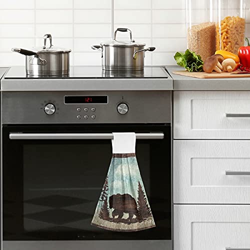 Black Bear Hanging Kitchen Towels Set 2 Pcs - Retro Forest Deer Dish Cloth Tie Towel Absorbent Soft Dry Towel For Bathroom Laundry Room Decor #TOP5