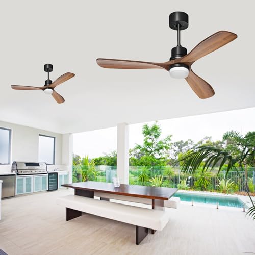 52 Outdoor Wood Ceiling Fan with Lights and Remote Control - Noiseless Reversible DC Motor