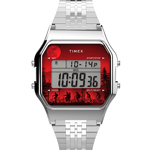 Image of TIMEX T80 x Stranger Things Digital Watch for Unisex with Silver Square Dial & Silver Stainless Steel Bracelet Band Water Resistant Unisex Wrist Watches - TW2V50900X8