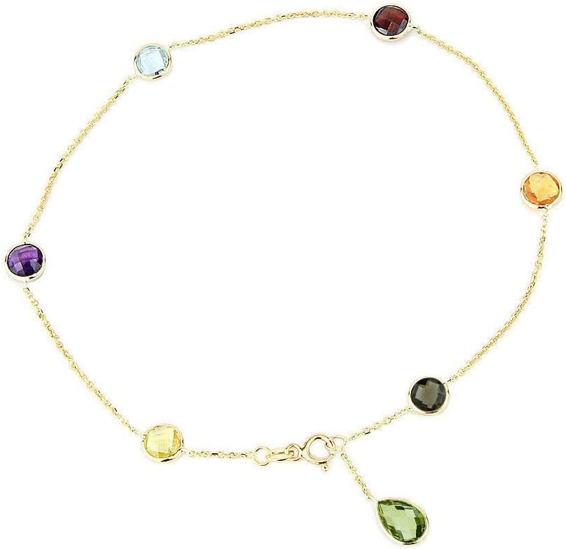 14K Yellow Gold Gemstone Anklet With A Green Amethyst Drop 10 Inches