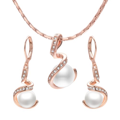 Blanc Perle Parure Bijoux Femme Boucle D'oreille Pendante Plaqué or Collier Zirconium Hypoallergenique