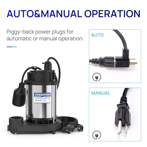Image of AQUASTRONG 3 /4 HP Sump Pump, 4200 GPH Stainless Steel and Thermoplastic Submersible Water Pump, Automatic Float Switch with Piggy-back Plug,1-1 /2 inch NPT Discharge Subpumps for Basement and Flooding Area