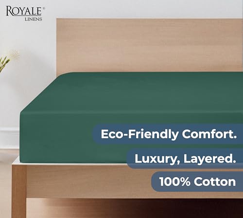 Image of Royale Linens 100% Organic Cotton Fitted Sheet - Percale Weave - Super Soft Deep Pocket Bottom Sheets - Elastic Sheet Twin XL Size - Twin XL Fitted Sheets Only - (39 inchx80 inch+15 inch, Hunter Green)