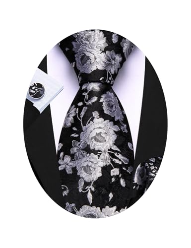 Barry.Wang Black Sliver Flower Ties for Men Handkerchief Cufflinks Set Wedding Necktie Set Party