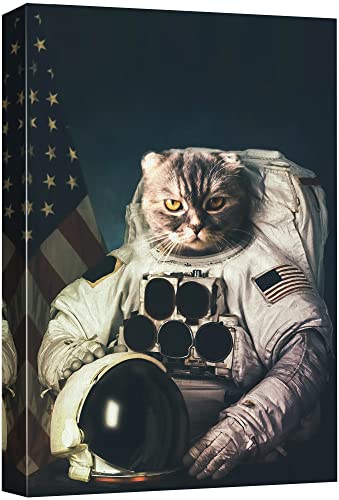 wall26 Canvas Print Wall Art Astronaut with Cat Head & American Flag Astronomy & Space Animals Digital Art Funny Chic Portrait Colorful Multicolor for Living Room, Bedroom, Office - 16´´x24´´