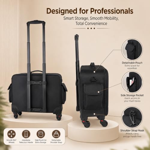 Image of Professional Train Case Hardside Vanity Jumbo Makeup Artist Rolling Trolley Beauty Makeup Cosmetic Trolley Hairstylist Travel Organizer Bag - 360 Wheels - Expendable Handle (8516 /XXXL /Trolley)