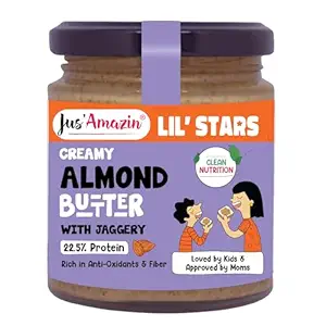 Jus' Amazin Lil Stars Almond Butter With Jaggery|1 Spoon(6G) = 5 Almonds|Yummy, Clean & Nutritious Almond Butter For Kids|90% Almonds, No Refined Sugar|No Chemicals, No Hydrogenated Fats - 200 Gram