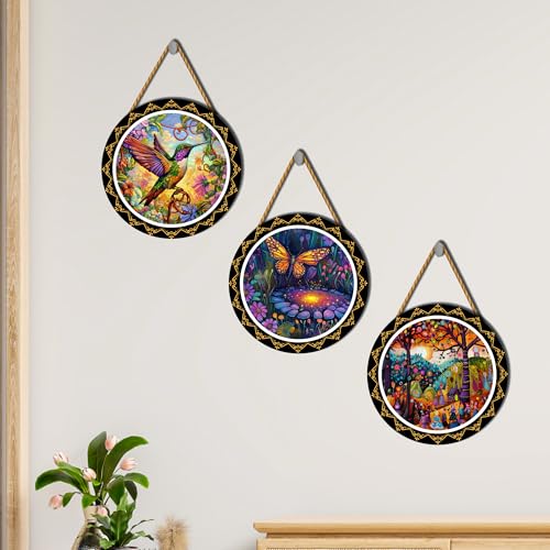 Image of GENXTRA Set of 3 Round Wooden Wall Hanging Decor | Vibrant Nature Art with Hummingbird, Butterfly & Fantasy Garden | Decorative Wall Art for Living Room, Bedroom & Office | Ideal Diwali & Housewarming Gift