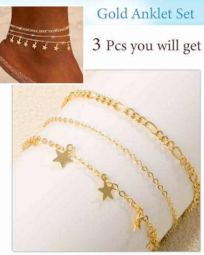 Image of ZHESHY Gold Silver Ankle Bracelets for Women 14K Gold Plated Anklets for Women Waterproof Cuban Link Heart Chain Anklets Set Non Tarnish Dainty Layered Anklet Bracelets for Women Summer Beach Jewelry