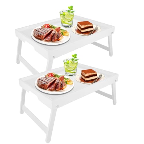 SHUESS Confezione da 2 vassoi da letto in bambù bianco, 41,5 x 30 x 20,5 cm, con gambe pieghevoli, vassoi per mangiare in grembo, ideale per letto, divano, mangiare, piatti, lavorare, servire e